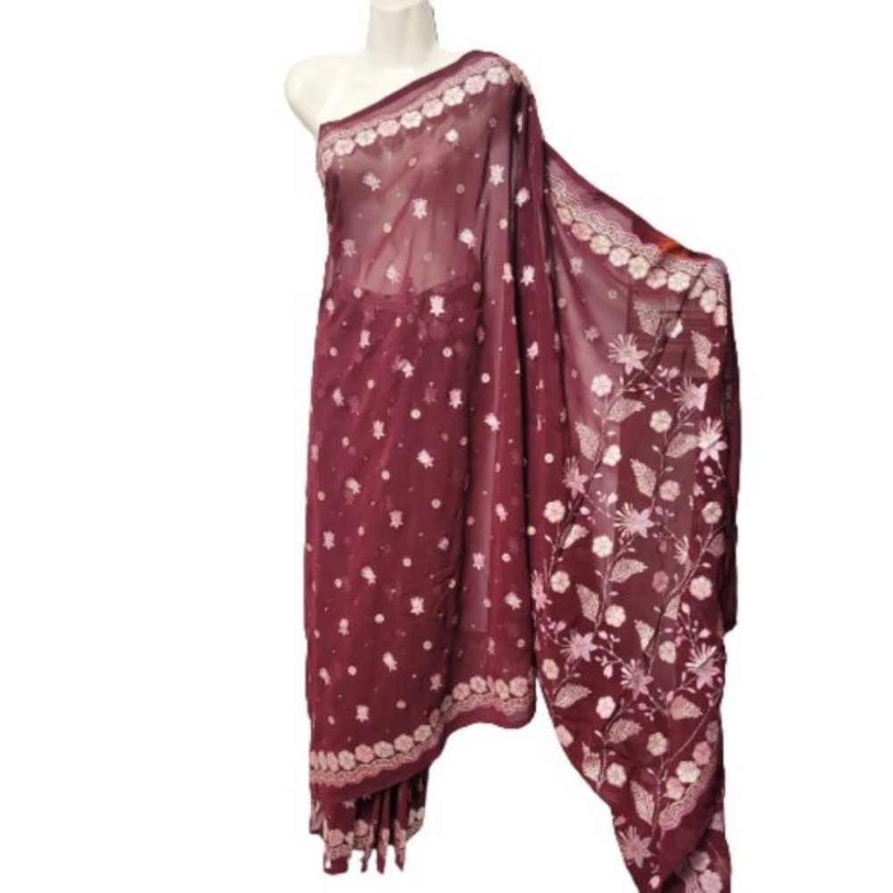 Maroon Saree, Sequin Floral PRE SEWN Ready To Wear Saree Adjustable Waist - NEW